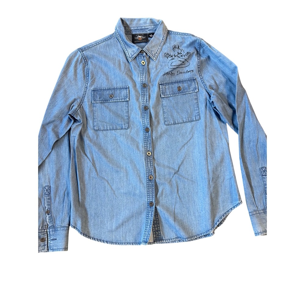 Harley Davidson Women's Denim Western Shirt Embroidered Size M Motorclothes